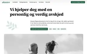 Forsiden til Akasien Begravelsesbyrå med overskriften «Vi hjelper deg med en personlig og verdig avskjed».