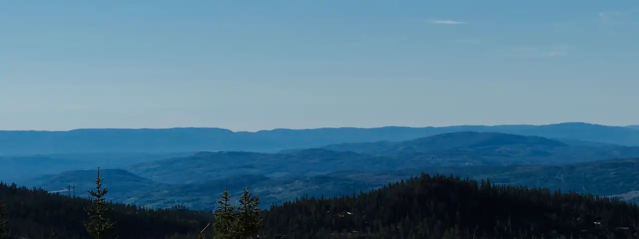 Lag på lag med blå åsrygger som forsvinner i disen, sett over granskogen fra en høyde under klar himmel.