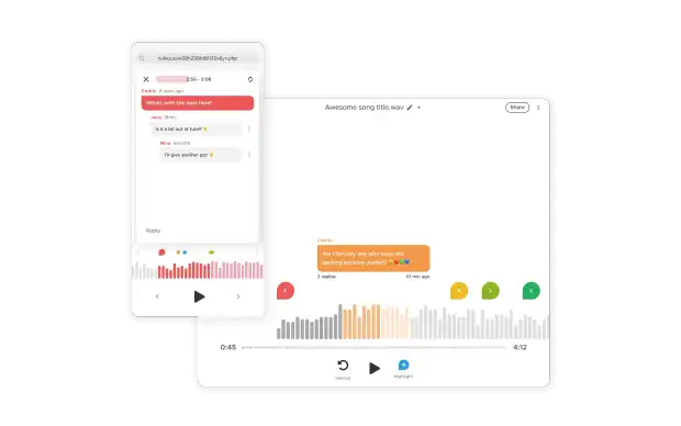 Huikui-appen på mobil og desktop, med kommentartråd og fargede markører langs bølgeformen.