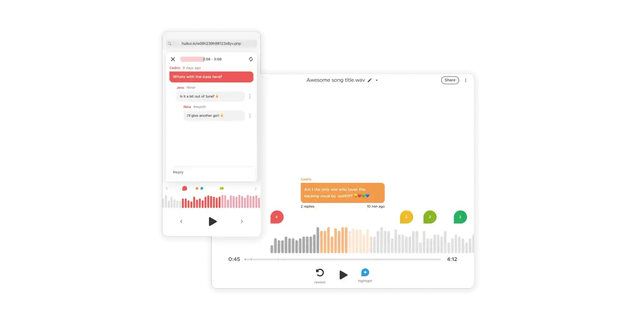 Huikui-appen på mobil og desktop, med kommentartråd og fargede markører langs bølgeformen.