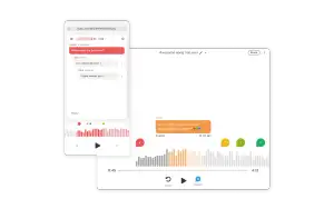 Huikui-appen på mobil og desktop, med kommentartråd og fargede markører langs bølgeformen.