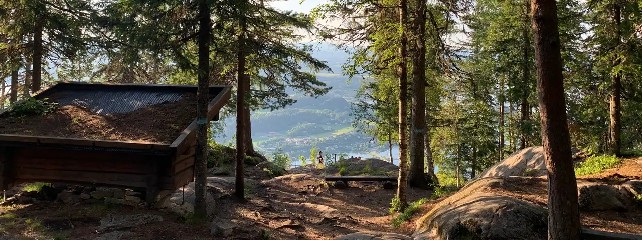 Liten tømmerhytte med torvtak på en bergknaus i granskogen, med utsikt ned mot bygd og vann i dalen bak.