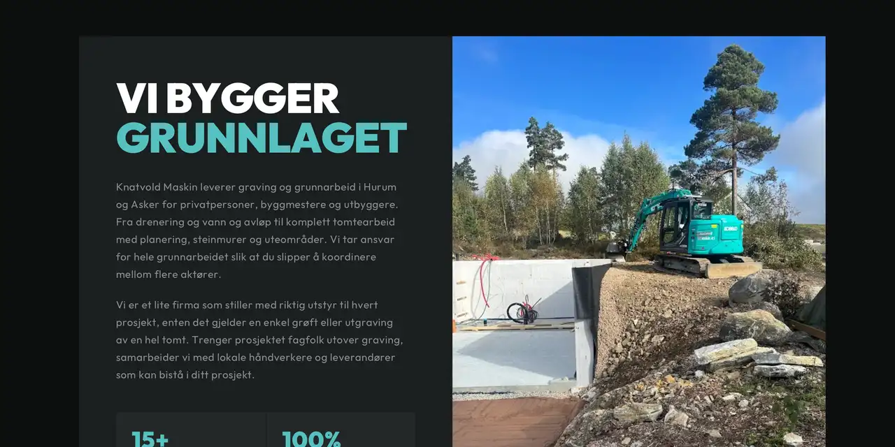 Forsiden til Knatvold Maskin med overskriften «Vi bygger grunnlaget» og en turkis gravemaskin ved en nystøpt grunnmur.