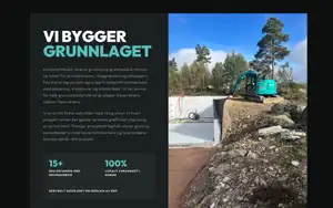 Forsiden til Knatvold Maskin med overskriften «Vi bygger grunnlaget» og en turkis gravemaskin ved en nystøpt grunnmur.
