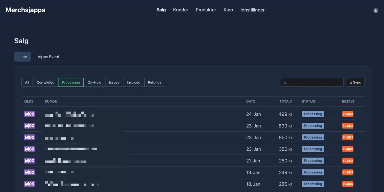 Salgsoversikten i Merchsjappa med ordrer fra WooCommerce, status og betaling via Vipps og Stripe.