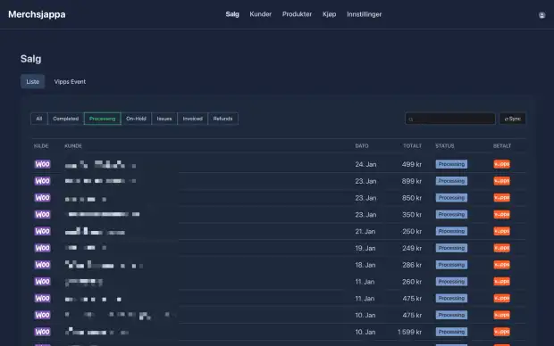 Salgsoversikten i Merchsjappa med ordrer fra WooCommerce, status og betaling via Vipps og Stripe.