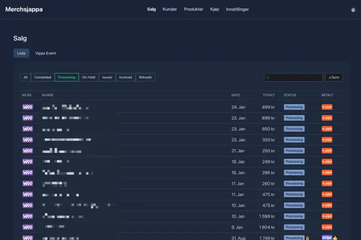 Salgsoversikten i Merchsjappa med ordrer fra WooCommerce, status og betaling via Vipps og Stripe.