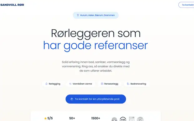 Forsiden til Sandvoll Rør med overskriften «Rørleggeren som har gode referanser».
