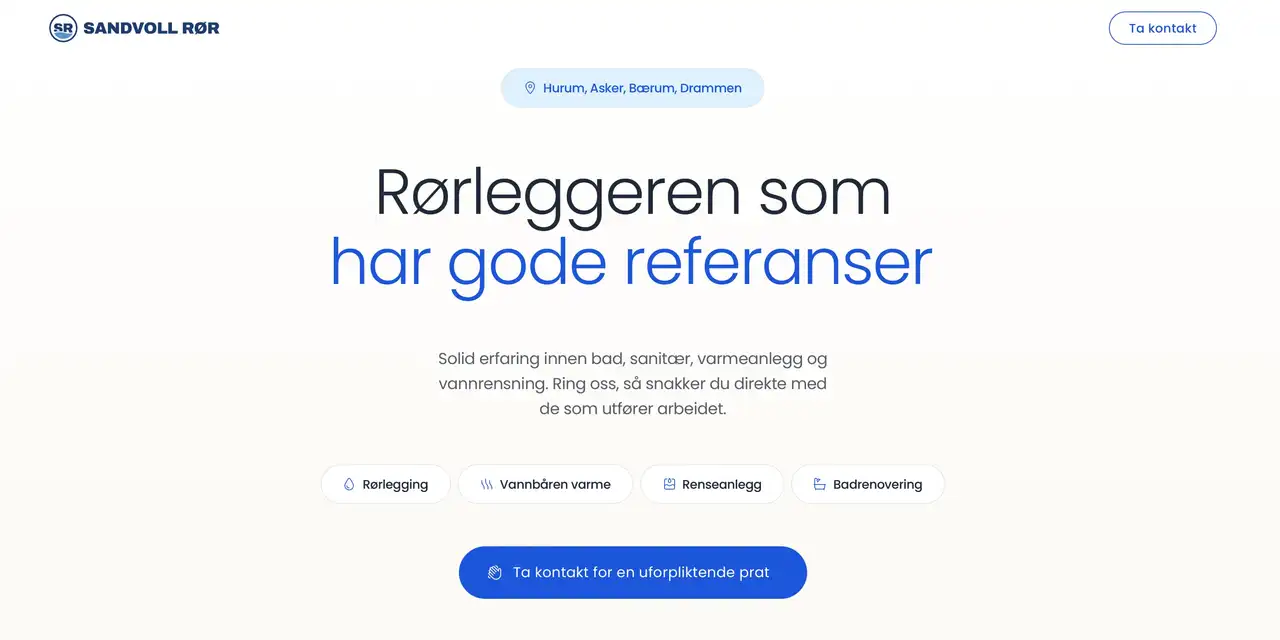 Forsiden til Sandvoll Rør med overskriften «Rørleggeren som har gode referanser», tjenestene som egne knapper og en knapp for å ta kontakt.