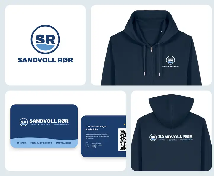 To marineblå hettegensere med profilen til Sandvoll Rør: SR-logoen på brystet foran, og logo med navnetrekk og ordene varme, sanitær og vannrensing på ryggen.
