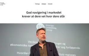 Analysesiden til Strategic Consulting Group med overskriften «God navigering i markedet krever at dere vet hvor dere står» og et bilde fra et foredrag.