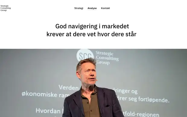 Analysesiden til Strategic Consulting Group med overskriften «God navigering i markedet krever at dere vet hvor dere står» og et bilde fra et foredrag.