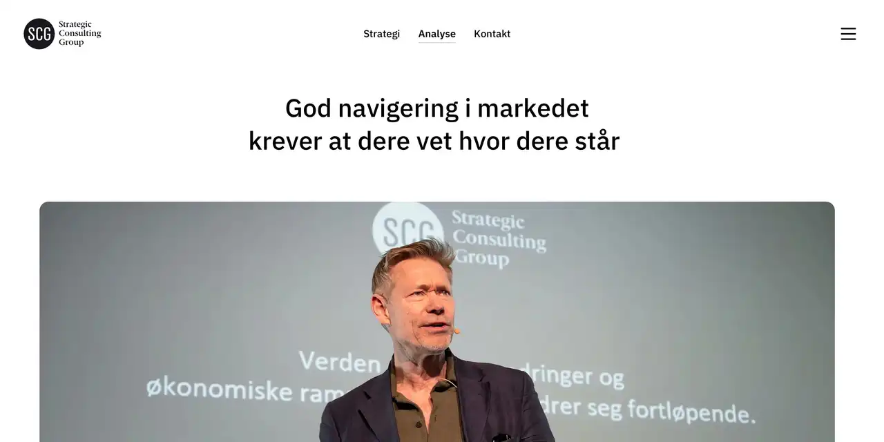 Analysesiden til Strategic Consulting Group med overskriften «God navigering i markedet krever at dere vet hvor dere står» og et bilde fra et foredrag.