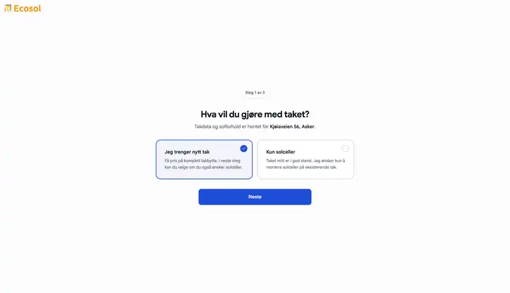 Steg 1 av 3 i kalkulatoren under partneren Ecosol sin profil, med spørsmålet «Hva vil du gjøre med taket?» og valgene «Jeg trenger nytt tak» og «Kun solceller».