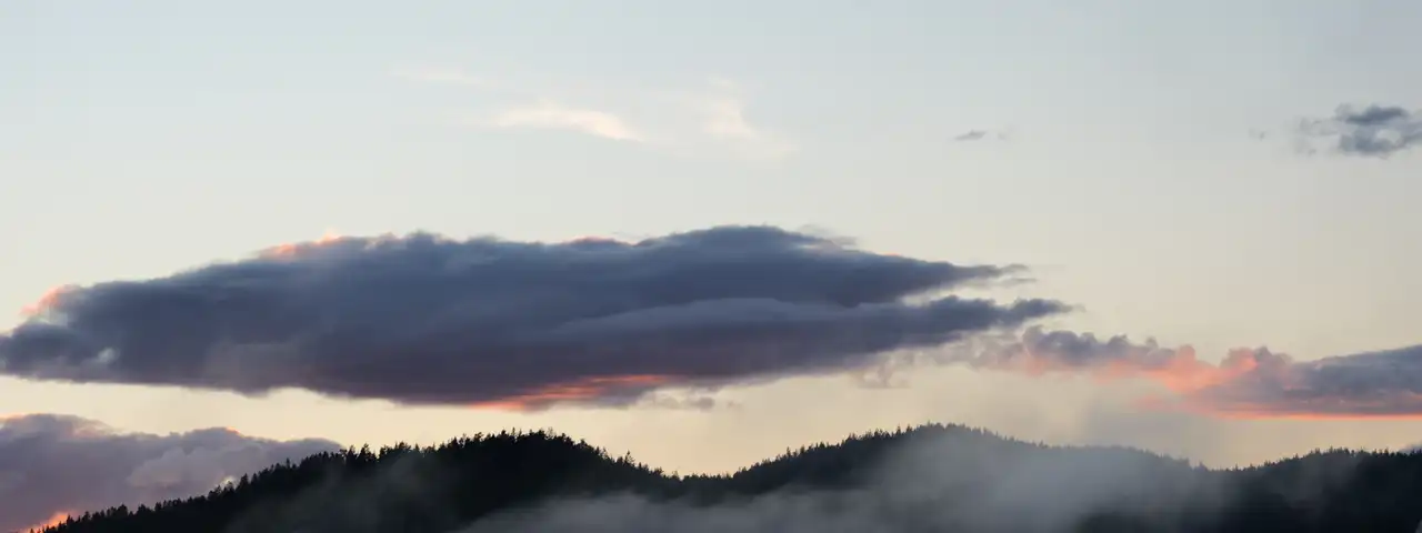 Tåke som ligger under skogkledde åser i solnedgang, med rosa skyer over og mønet på et hus i forgrunnen.