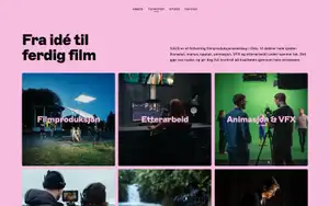 Nettsiden til VJUS med overskriften «Fra idé til ferdig film» og et rutenett av tjenester i rosa og sort.
