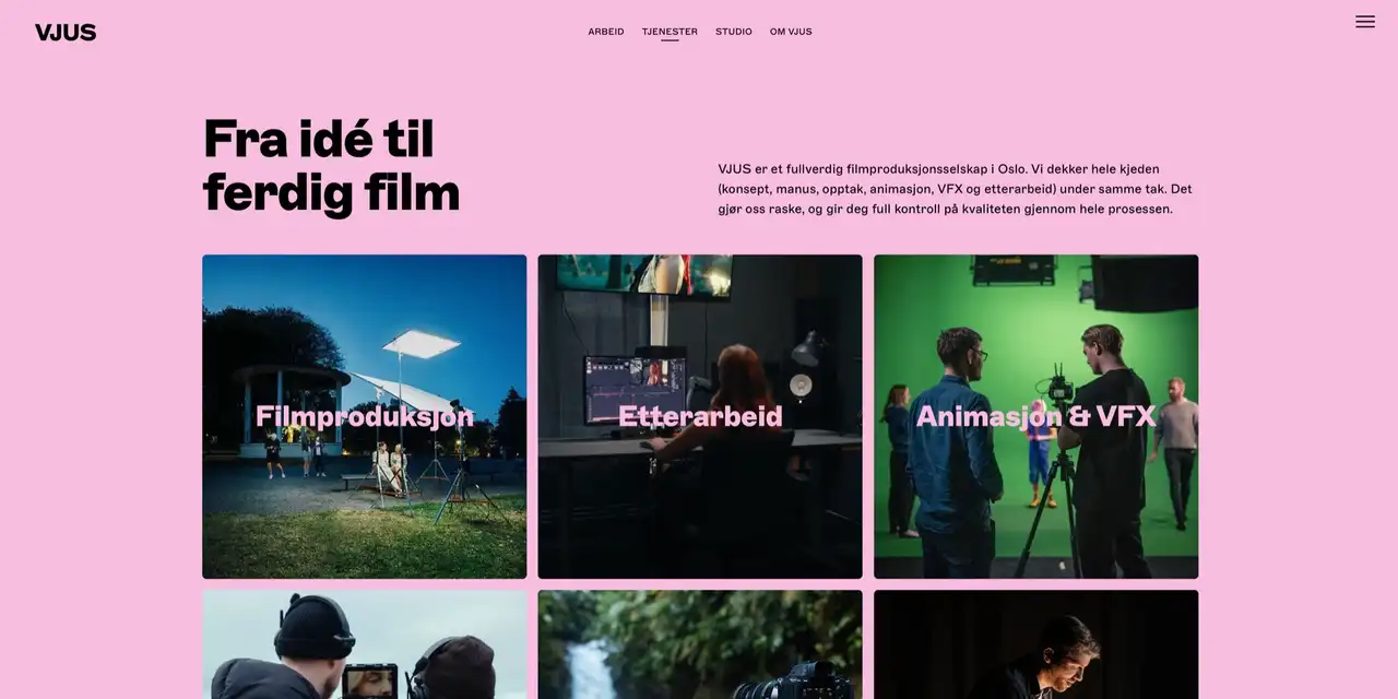 Nettsiden til VJUS med overskriften «Fra idé til ferdig film» og et rutenett av tjenester i rosa og sort.